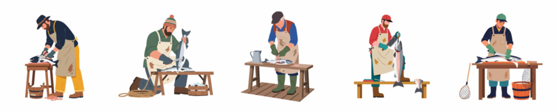 Flat vector set of professional fishermen and fishmongers cleaning, gutting, and filleting large fresh salmon on wooden tables, isolated on white background.