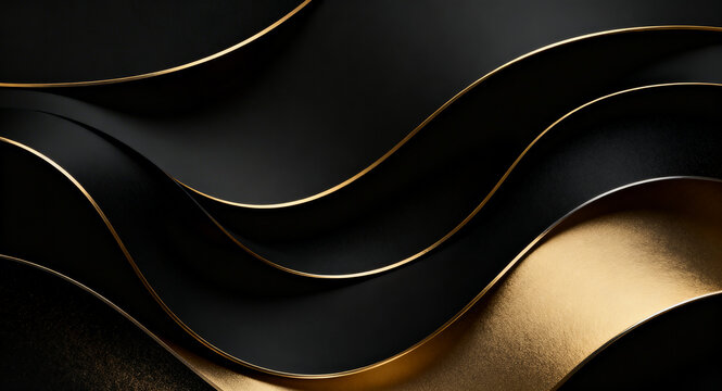 An elegant abstract black luxury background with smooth flowing wavy layers enhanced by delicate golden lines, creating a refined, modern, and sophisticated visual atmosphere suitable for premium desi
