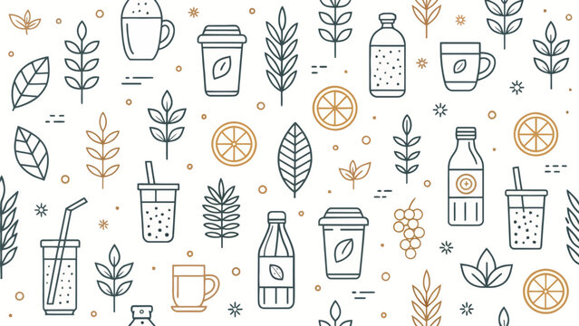 Beverage icons pattern with leaves and citrus on white background for design and decoration purposes