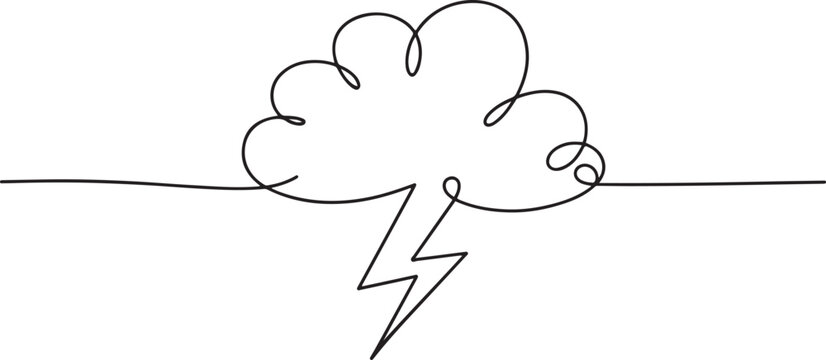 Continuous one line editable drawing of thundercloud and lightning, Single continuous line art rainy stormy cloud.one line drawing vector illustration