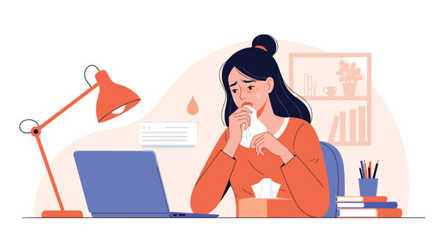 Emotional woman sits at her workspace with a laptop, wiping away tears with a tissue while feeling overwhelmed and stressed by her difficult tasks.