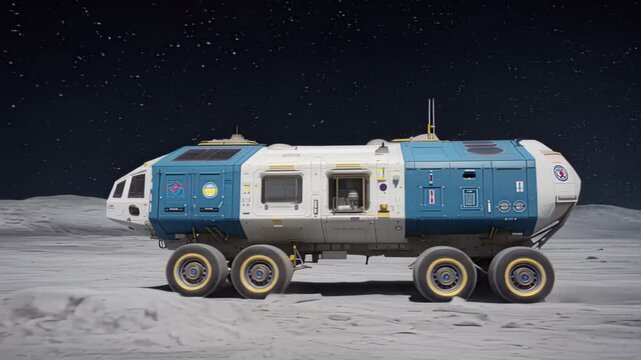 Space rover drives across the moon surface under a dense star field representing exploration and future missions.