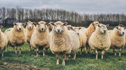 Fototapeta premium Flock of sheep standing in a green field