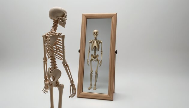 Skeleton looking in the mirror, observing itself, minimalistic background, reflective surface