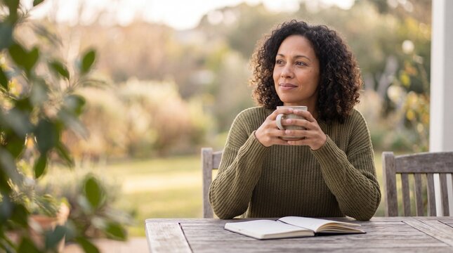 Thoughtful woman holding mug on outdoor patio with journal