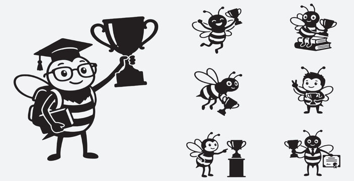 Set of cute bee characters in various poses with a graduation cap and trophy, symbolizing education and success.