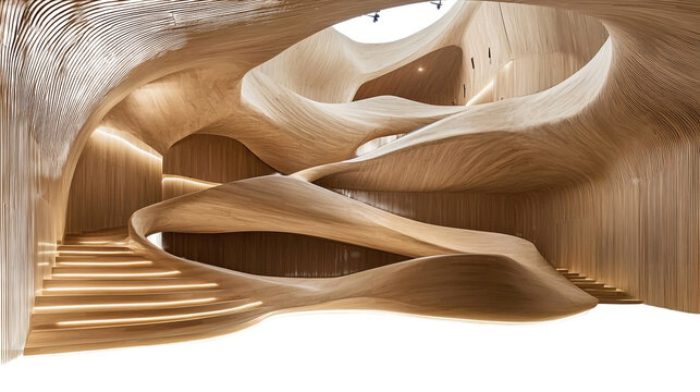 Wooden, undulating staircase ascends, with organic form and integrated lighting