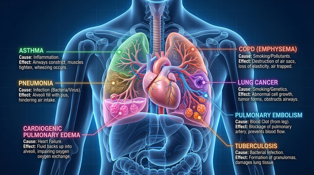 Comprehensive Medical 3D Chart of Lung Diseases: Asthma, Pneumonia, COPD, Cancer and Pulmonary Embolism