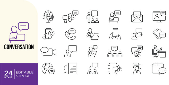 Conversation Line Set. Communication, Chat and Messaging, Conversation, Chat, Call and Communication, Support Editable Stroke