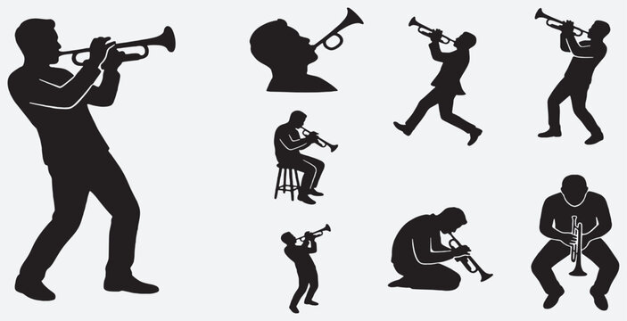 Silhouettes of musicians playing trumpets in various poses, showcasing different styles and moods of performance.