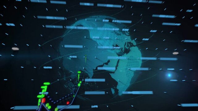 Real-time data driving dotted globe rotating and multi-line chart rising with scan bars in finance