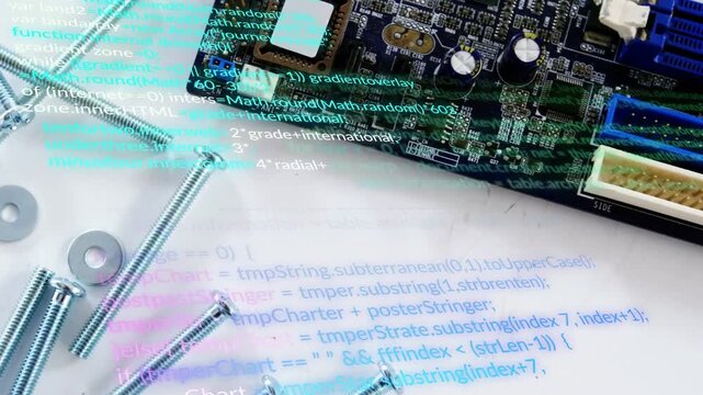Camera panning right and down revealing PCB pins and screws while code overlay scrolling for tech