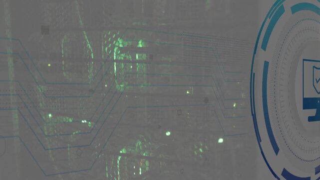 HUD emerging from right, drawing blue circuit lines over server racks visualizing cybersecurity