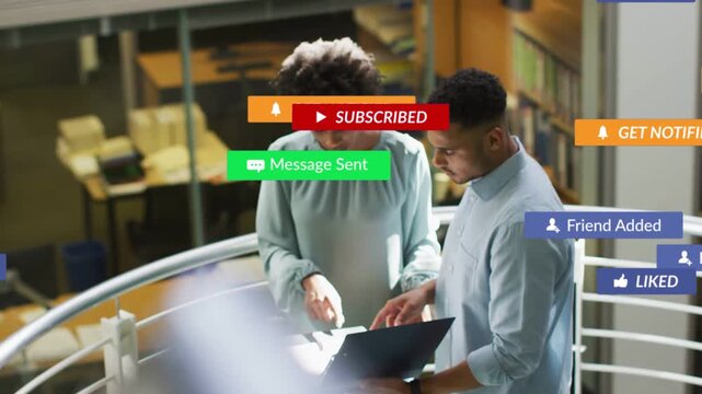 Phone alert appearing pair holding laptop folder watching alerts covering then fading checking docs