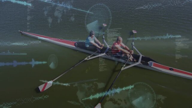 Male stroke, female bow sculling on green water, steady strokes causing HUD for sports training