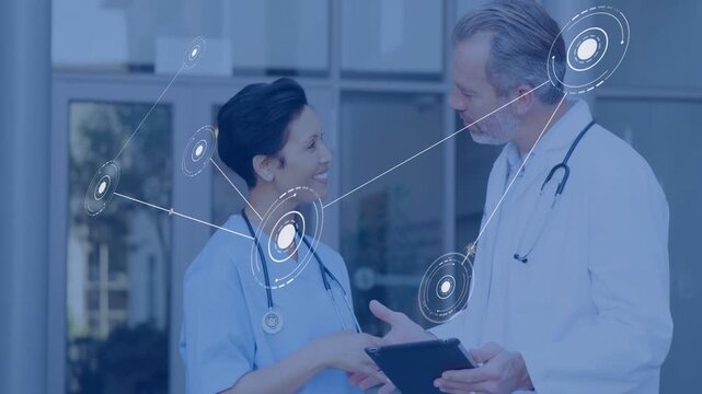 Doctor holding tablet, nurse tapping screen at clinic, tapping causing HUD linking data, handshake