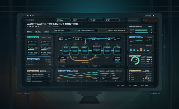 Wastewater treatment control dashboard with pump status, water quality metrics and plant operations monitoring interface