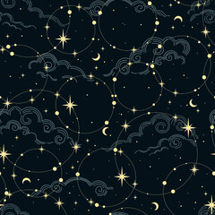 Vector space seamless pattern with stars and clouds. Perfect for greeting card, celestial decoration, wallpaper, wrapping paper, fabric. Vector illustration © Любовь Овсянникова