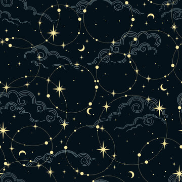 Vector space seamless pattern with stars and clouds. Perfect for greeting card, celestial decoration, wallpaper, wrapping paper, fabric. Vector illustration