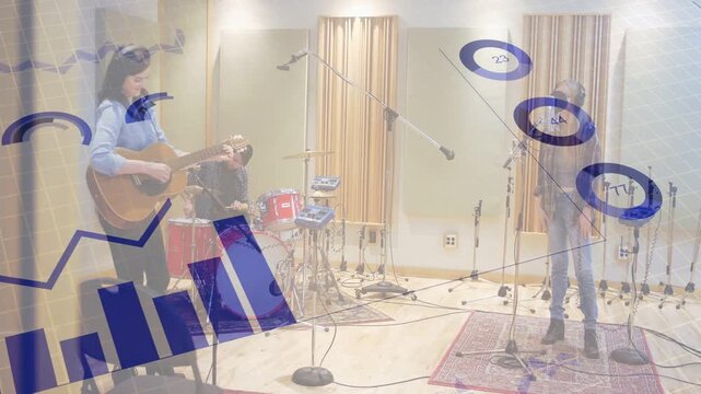 Recording cue starting trio playing studio, animated blue charts sweeping across band