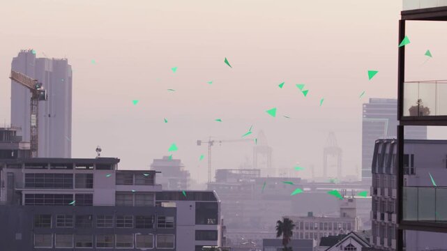 Teal fragments activating from sky, drifting past balcony figure, mapping airflow for urban design