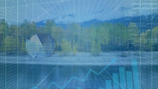 ANALYSING DATA appearing causing HUD moving over lake grid charts growing pulsing showing live data