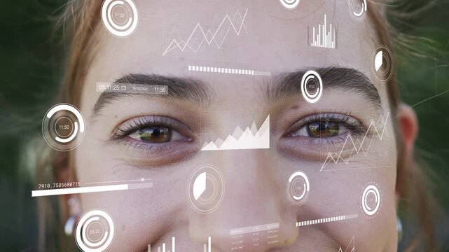 Female face opening eyes in foliage, eyelid shift starting HUD charts moving, showing AR tracking