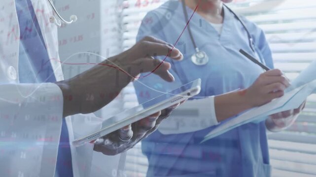 Doctor tapping tablet and nurse noting on clipboard, charts appearing and highlighting patient data