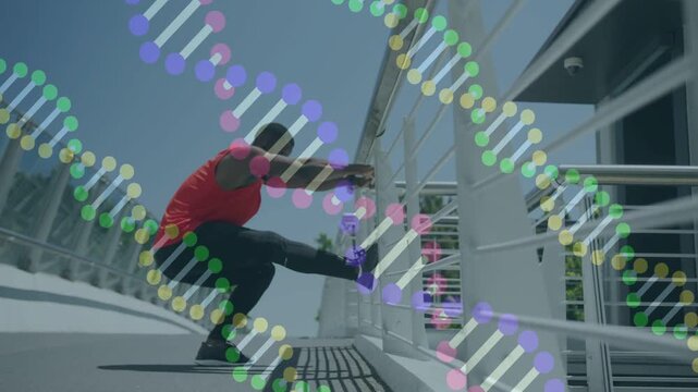 Vertical video: Man placing foot on rail, lowering into one-legged squat for fitness DNA overlaying