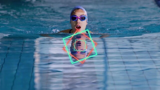 Woman training breaststroke in lane lifting head, breathing causing overlays shrinking and rotating