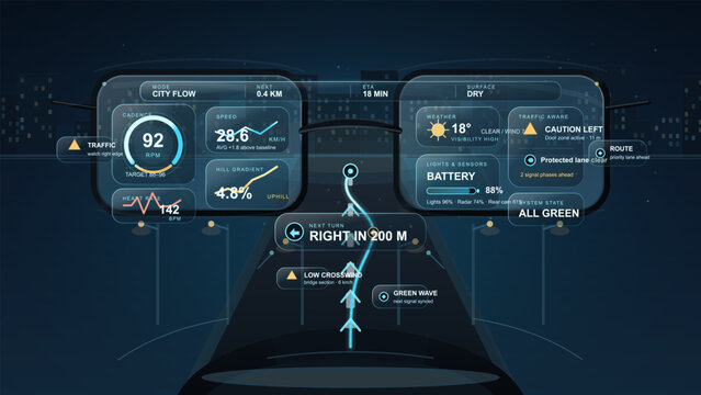 Cycling HUD dashboard with augmented reality navigation, cadence, battery, and traffic alerts on a night city route