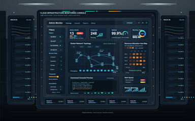 Fototapeta premium Cloud infrastructure monitoring console with server racks, network topology, alerts, uptime, and resource allocation