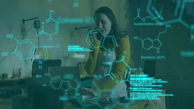 Lab tech answering call and typing on laptop while teal molecules and scrolling code guiding repair