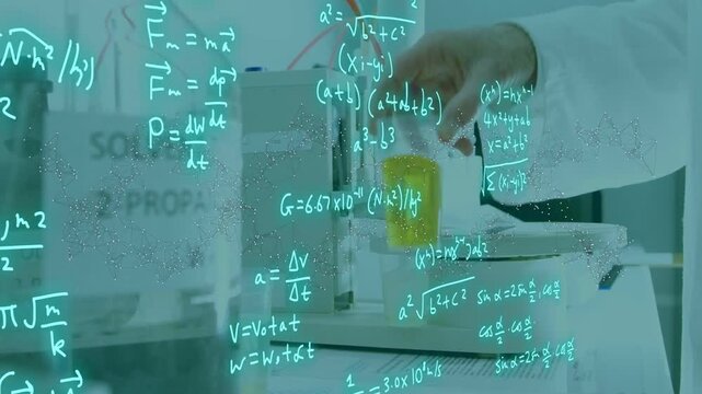 Senior lab tech hands entering pipetting vial loading reader for analysis while formulas shifting