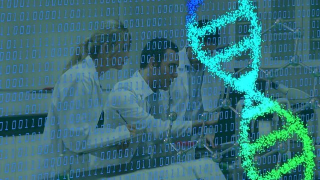 Lab team testing center handling sample starting binary layer right holding model DNA helix forming