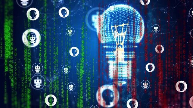 Blue mesh forming bulb, causing user and robot badges orbiting amid green or red code streams for te