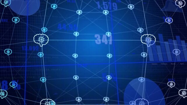 Faint grid appearing, sphere network pulsing, rotating, updating number overlays visualizing AI