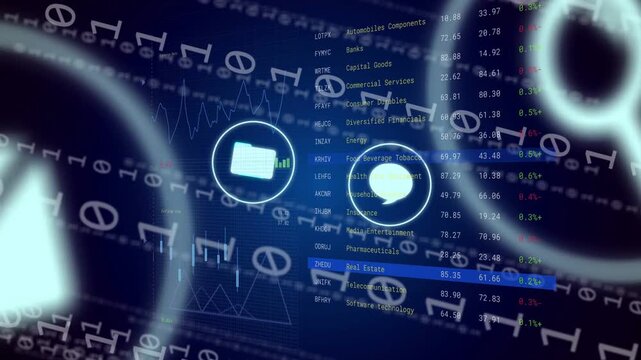 Glowing UI icons pulsing and swapping when blue highlight moves, shifting focus to finance charts