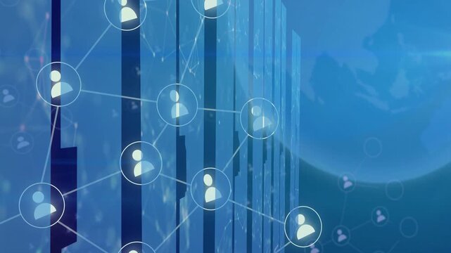 Empty circle appearing, user nodes emerging on panels and linking across globe, showing tech growth