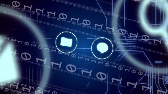 Cluster of luminous icons pulsing and swapping showing tech service links binary streams initiating