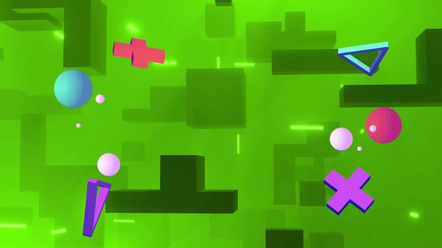 Playback starting, 3D geometric cluster rotating and drifting in neon tech space, showing parallax