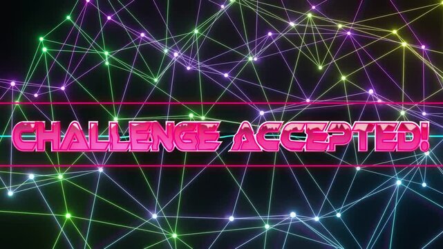 Entrance rotating pink 3D text to center, red lines sliding, mesh pulsing, promoting tech challenge