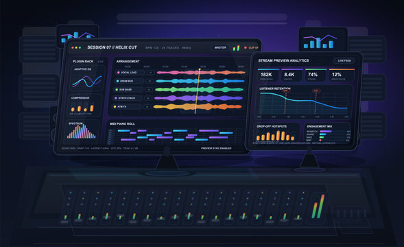 Music production dashboard interface with multitrack waveform editor, plugin rack, listener analytics, and mixing console