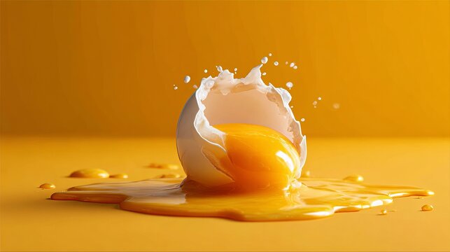 A broken egg with yolk splashing out on a yellow background