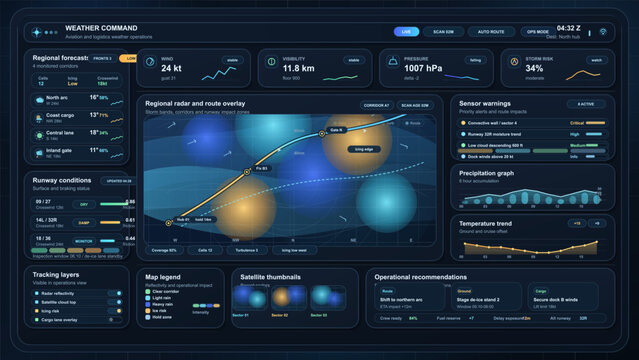 Weather operations command dashboard interface with regional radar map, runway conditions and storm risk monitoring