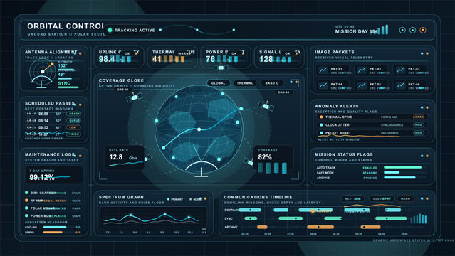 Orbital control dashboard interface with satellite tracking globe, telemetry panels and mission status visualization