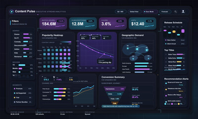 Fototapeta premium Streaming analytics dashboard interface with subscriber metrics, audience retention, geographic demand and conversion summary