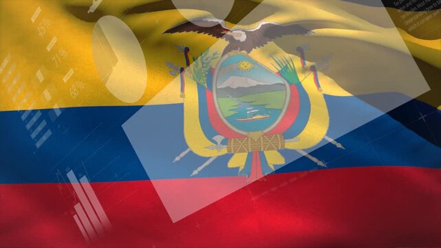Ecuadorian flag waving, UI overlays sliding from lower-left, highlighting crest for tech