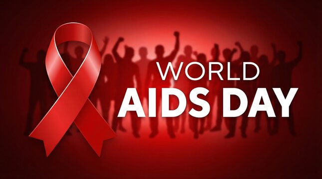 World aids day awareness poster featuring a red ribbon and silhouetted crowd promoting unity and remembrance