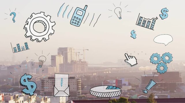 On frame four sketched finance icons appearing over still skyline, animating to show finance data